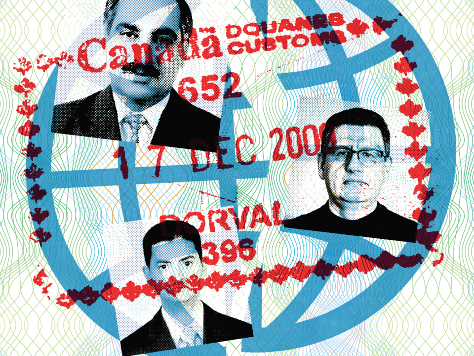 Passport photos of three men with a Canada Customs stamp over top